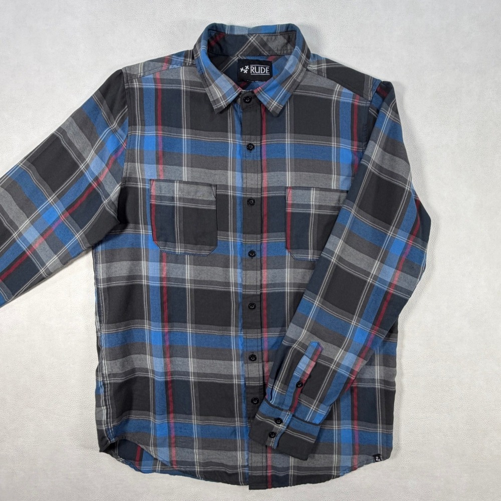 XXX Rude Mens Medium Long Sleeve Shirt Blue Gray Black Plaid Flannel Button Down